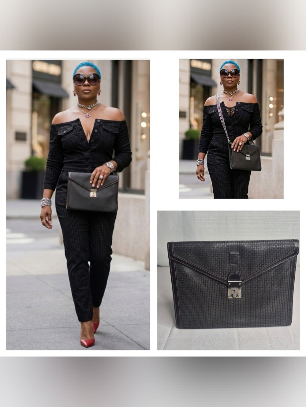 Bally International Vintage Black Leather Monogram Textured Envelope Pouch
